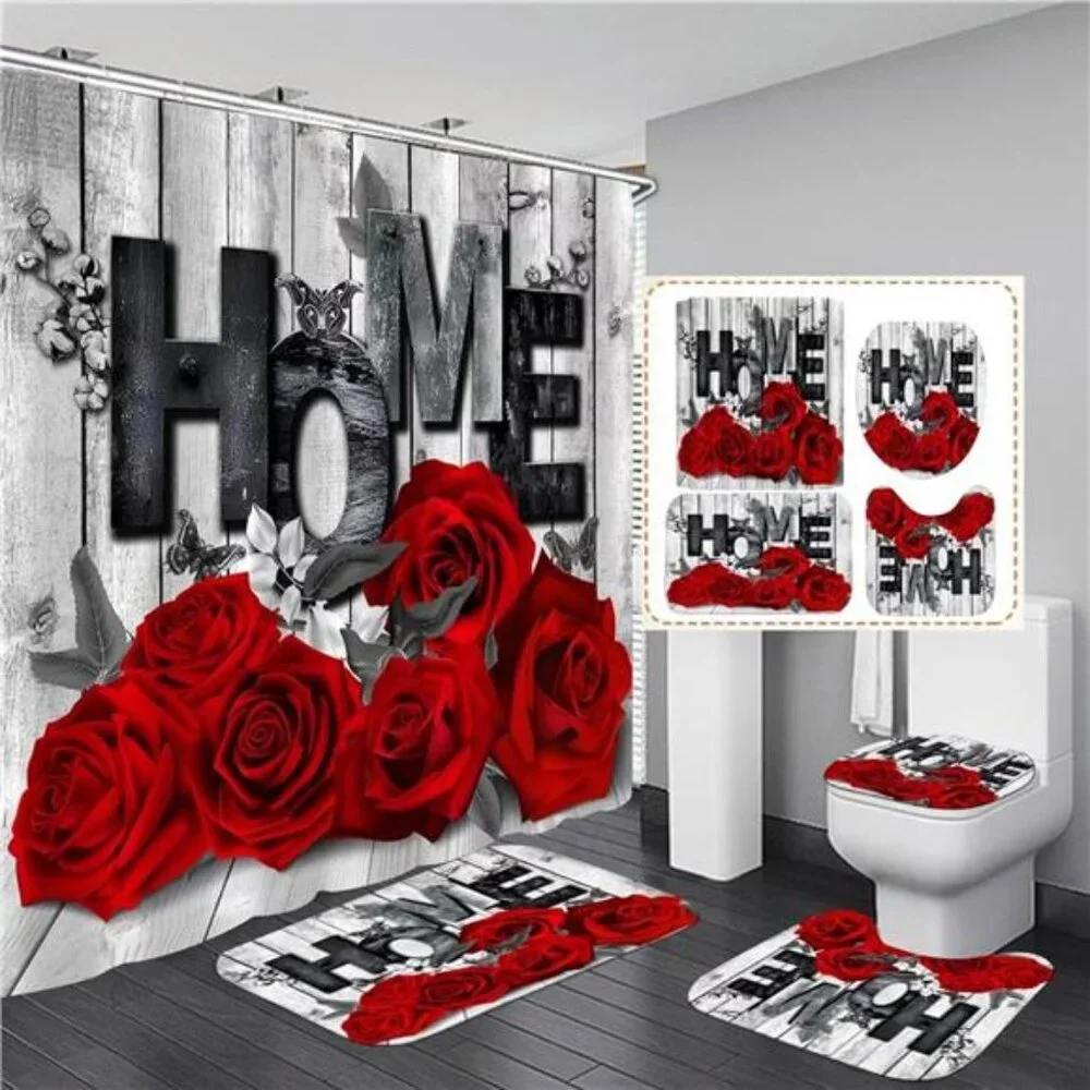 Red Rose 4 Pcs Shower Curtain Sets Non-Slip Rugs Bath Mat Toilet Cover